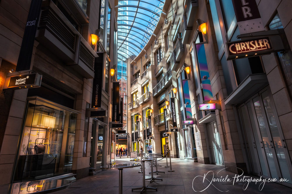 Pedestrian arcade with numerous boutique retail shops and eateries in Sydney, Australia